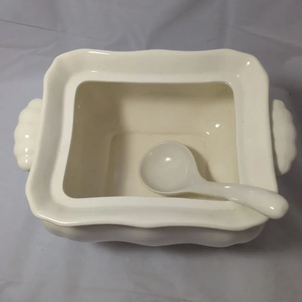Vintage White Ceramic Soup Tureen with Lid and Ladle Scalloped Cream Shabby Chic